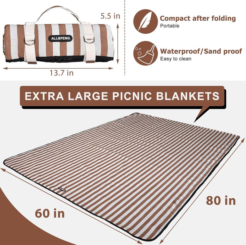 ALLBFENG Striped Picnic Blanket Waterproof & Sand Proof, 5-Layer Beach Blanket Portable with Carry Strap, Extra Large Foldable Picnic Rug Machine Washable for Camping Party,Wet Grass,Kids Playground - Image 2